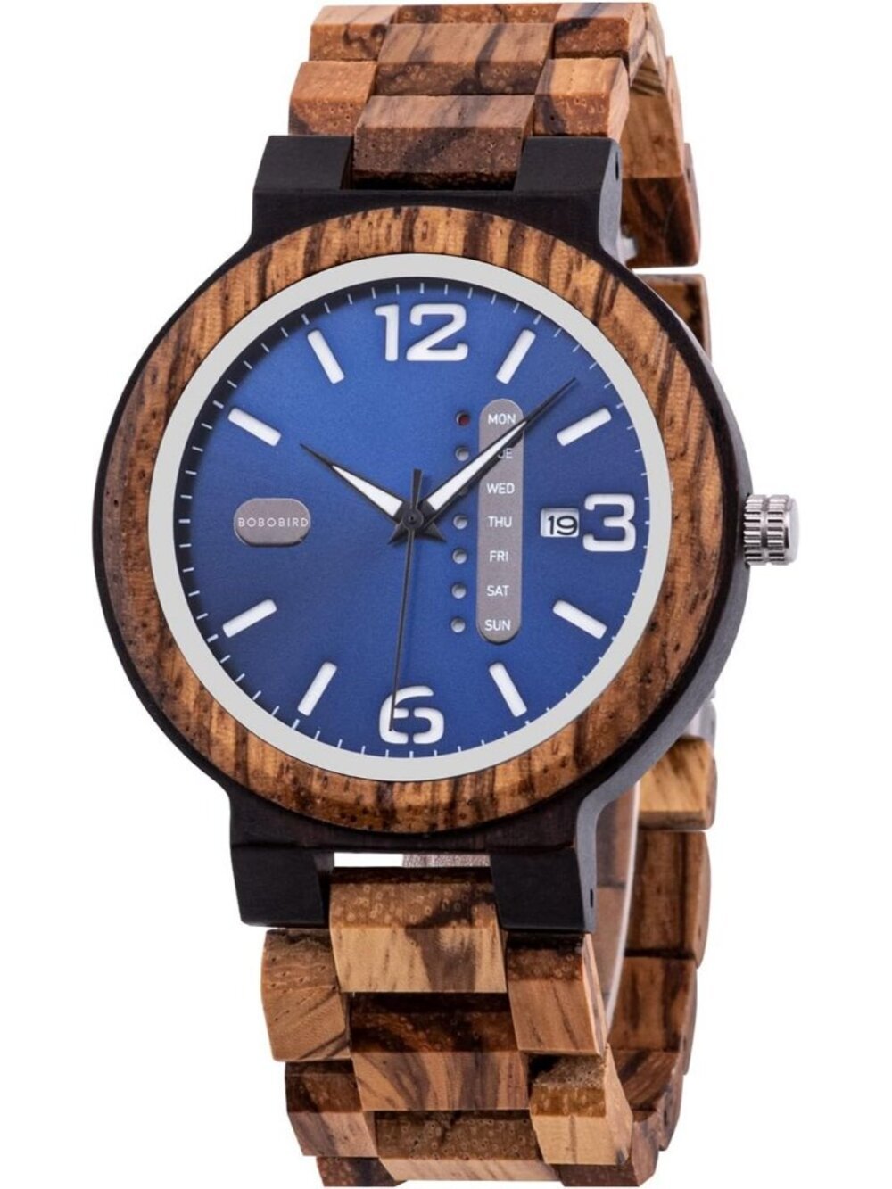 Men's Brown Blue Multi-Functional Quartz Lightweight Handmade Wrist Wooden Watch